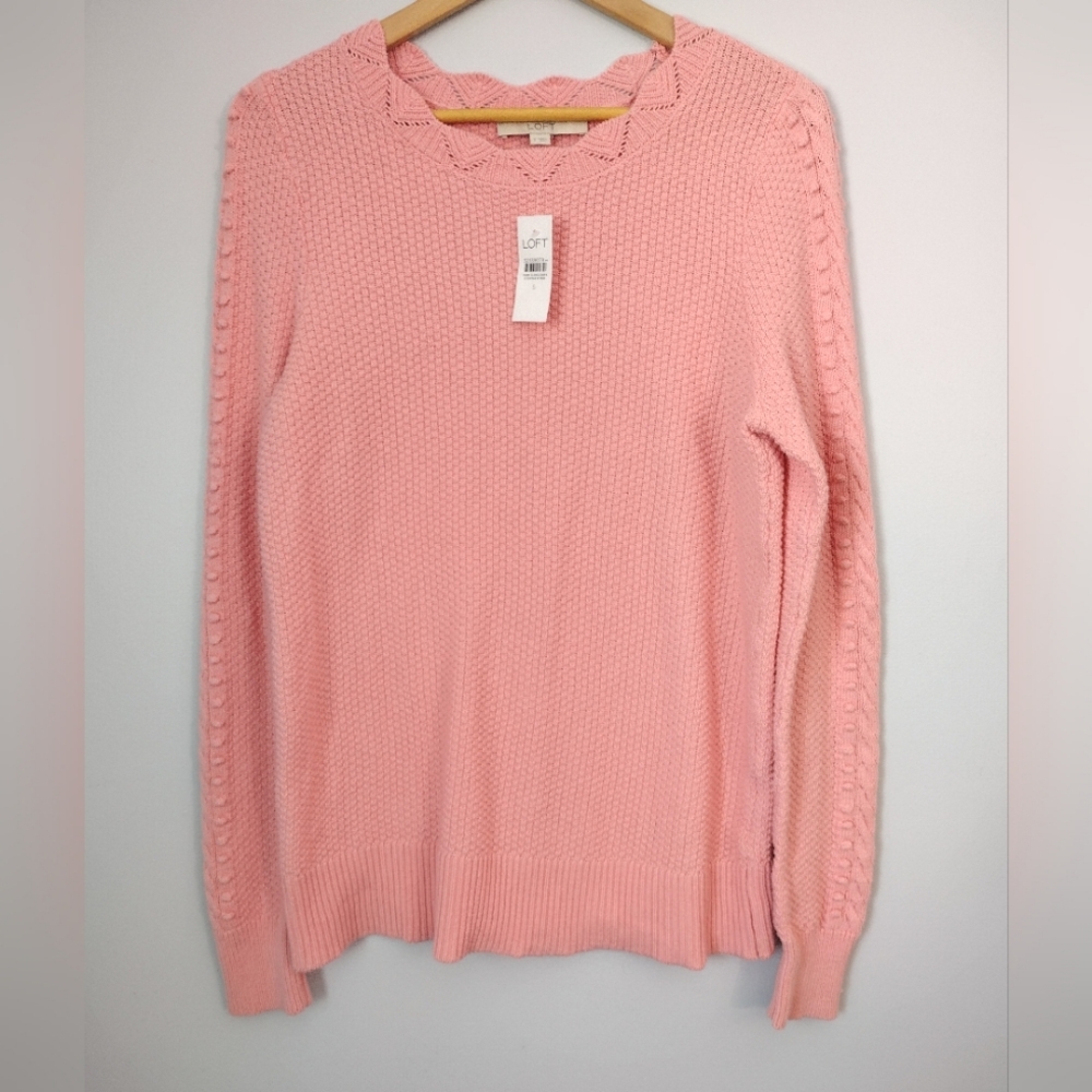 NWT Loft 100%‎ Cotton Pink Knit Crochet Crew Neck Sweater
